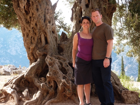 N and I in front of a really old olive tree.